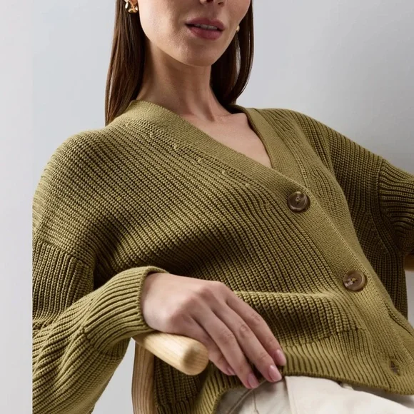 Quince Organic Cotton Fisherman Boxy Cropped Cardigan small NWT herb green - Picture 5 of 12